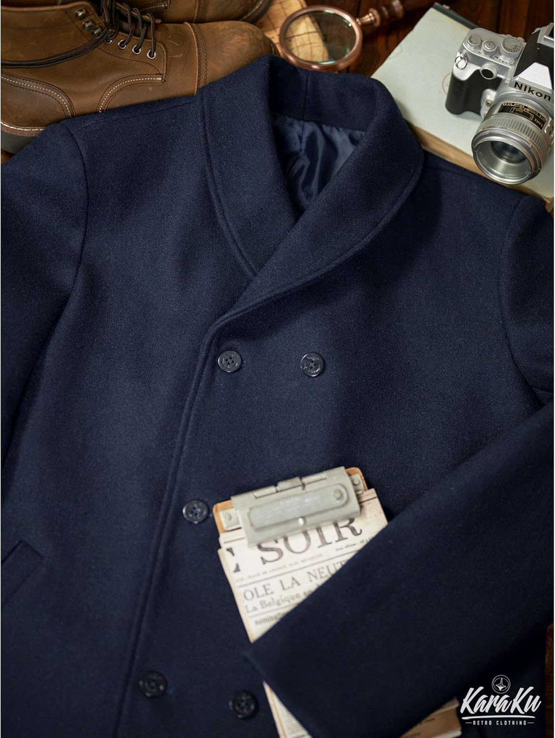 karaku] ダブルブレストショールカラーピーコート トレンチコート 男性